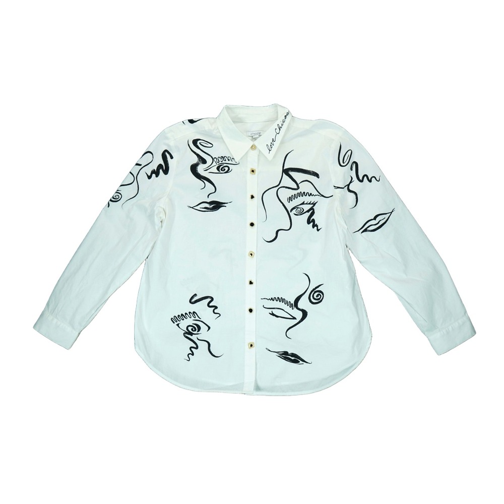 NWOT Chicos Modern Art Print Shirt Women's Size 14 Long Sleeve Button Down White